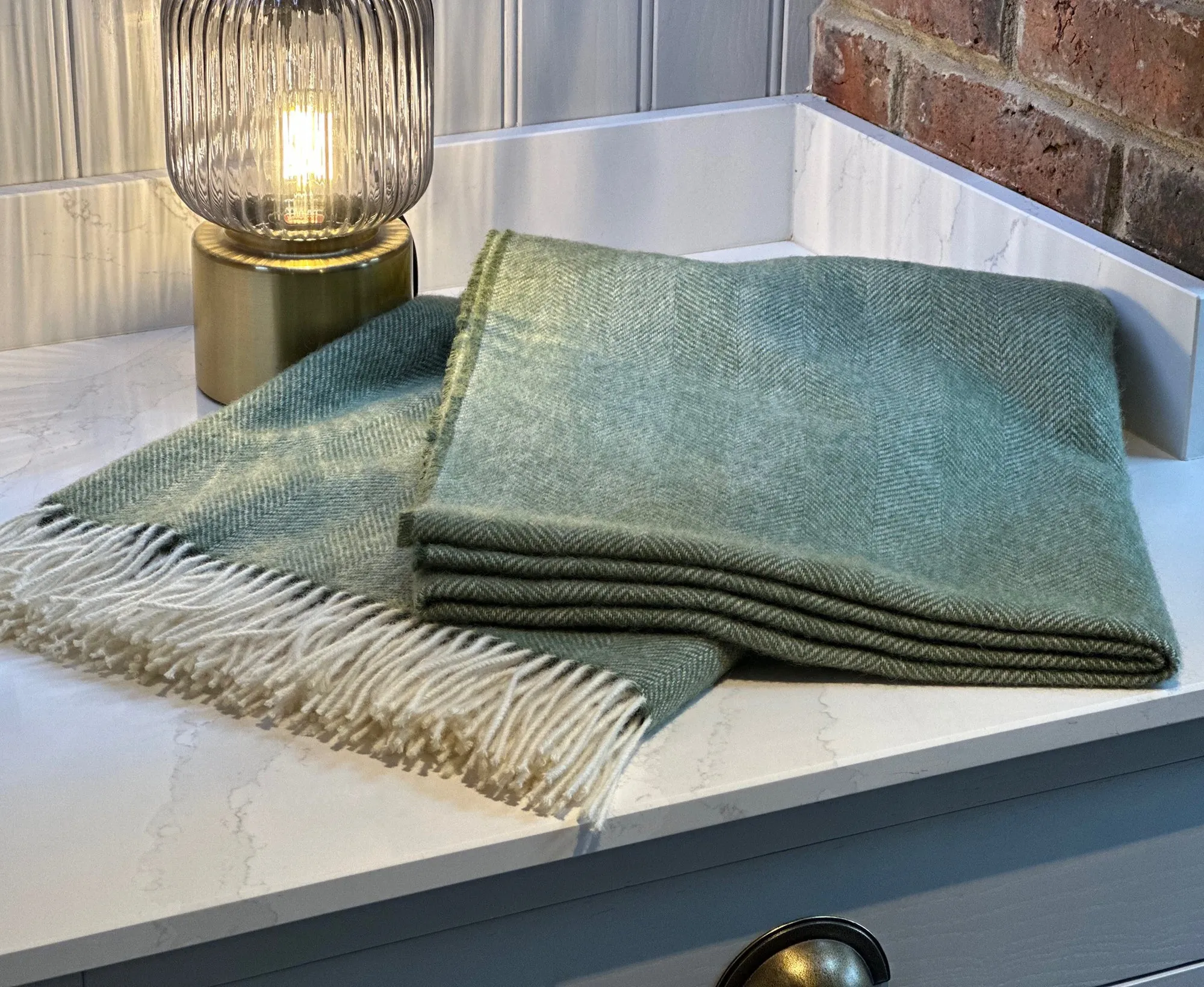 100% Lambswool Herringbone Throw Olive Green