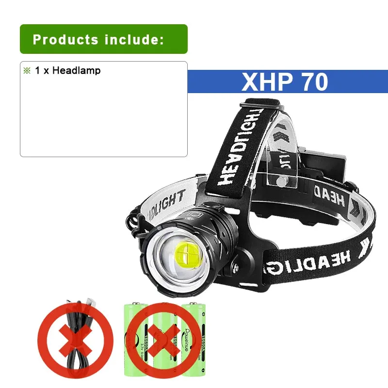 2023 The Most Powerful XHP70 LED Headlamp White Light Camping Headlight Zoomable 3*18650 USB Rechargeable Portable Head Lantern