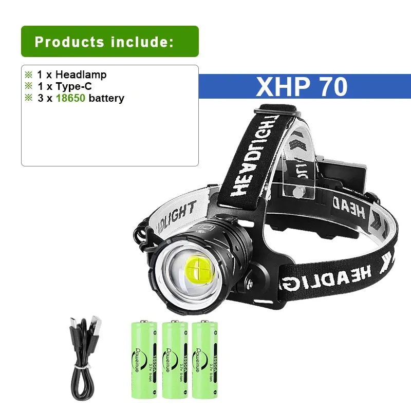 2023 The Most Powerful XHP70 LED Headlamp White Light Camping Headlight Zoomable 3*18650 USB Rechargeable Portable Head Lantern