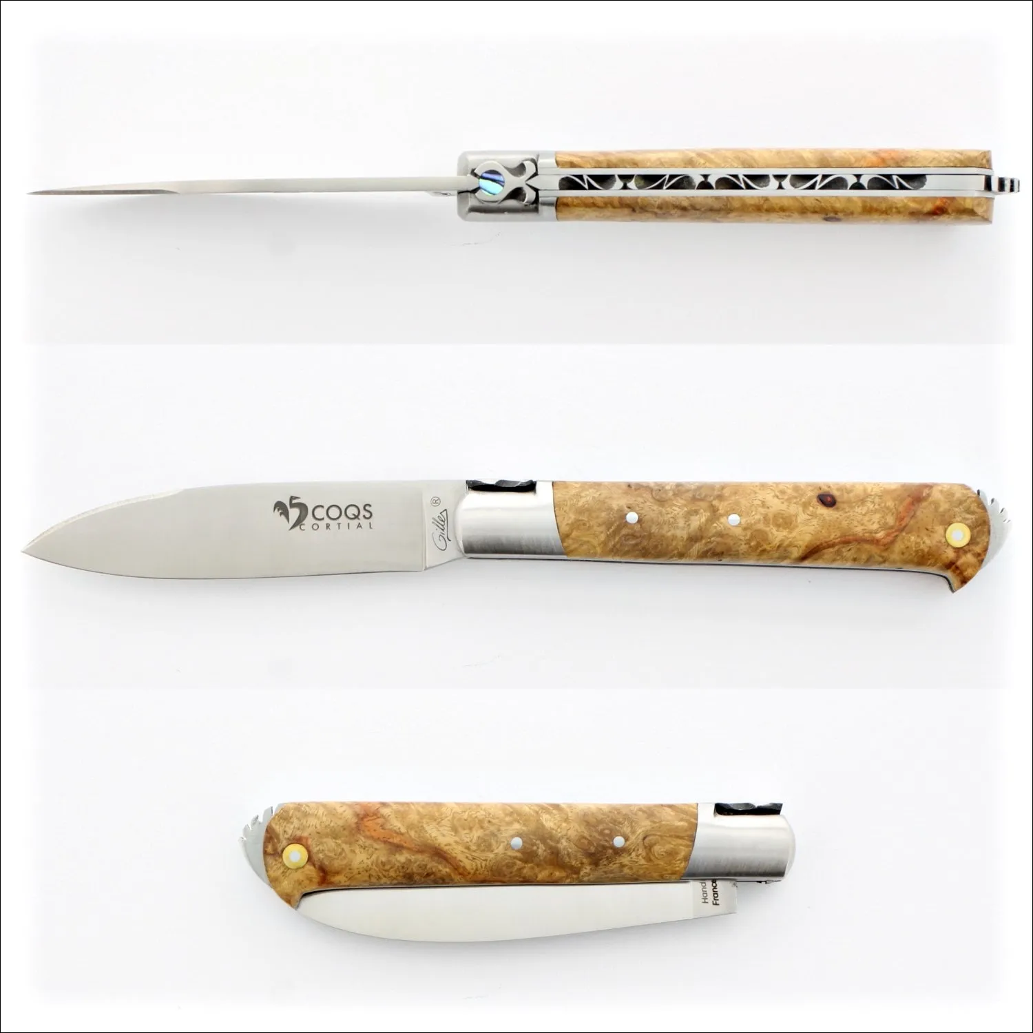 5 Coqs Pocket Knife - Amboyna Burl & Mother of Pearl Inlay