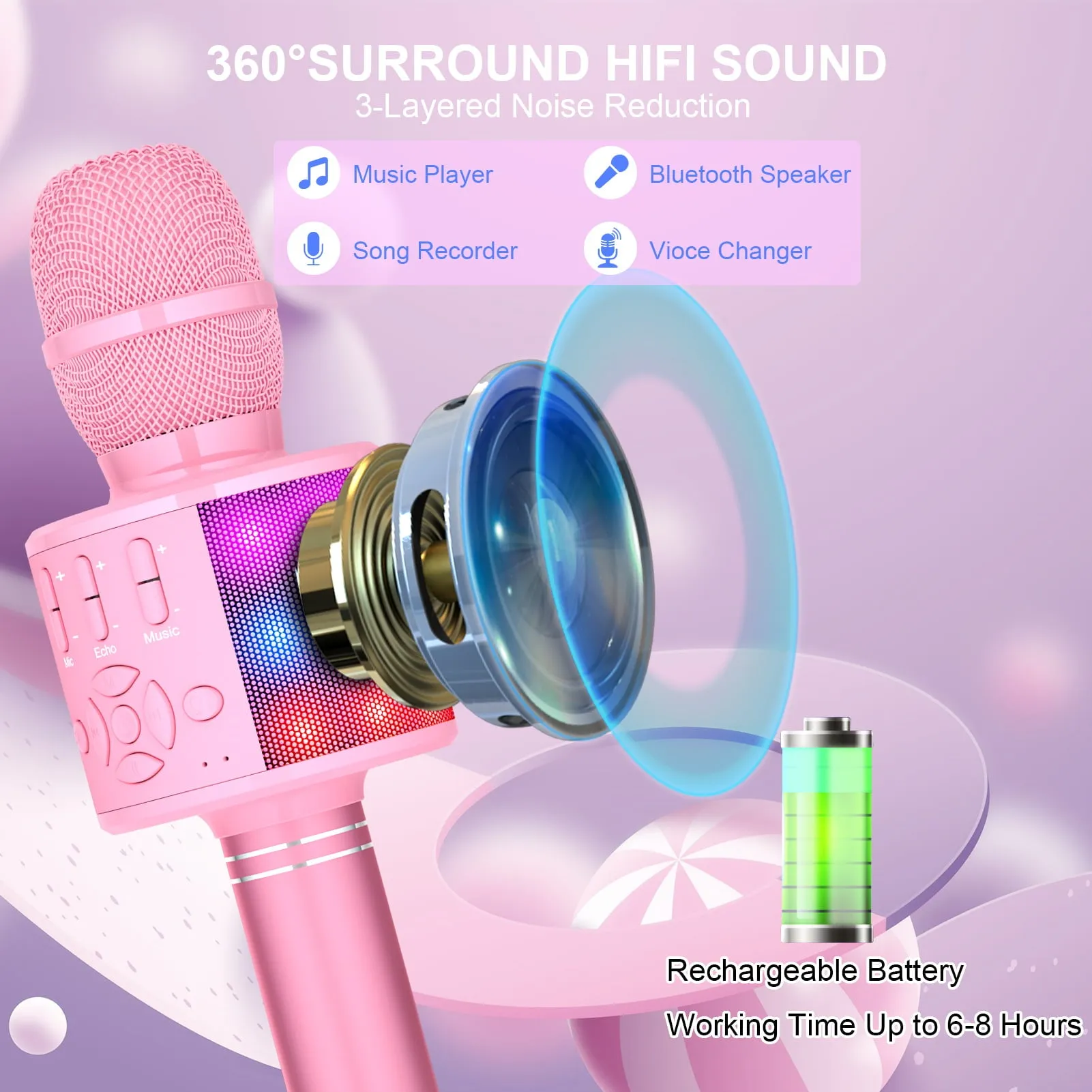 BONAOK Karaoke Microphone For Kids Adults, Wireless Bluetooth Microphone for Singing, Portable Karaoke Machine Handheld with LED Lights, Gift for Teens Girl Boys Adults Birthday Party(Rose Gold)