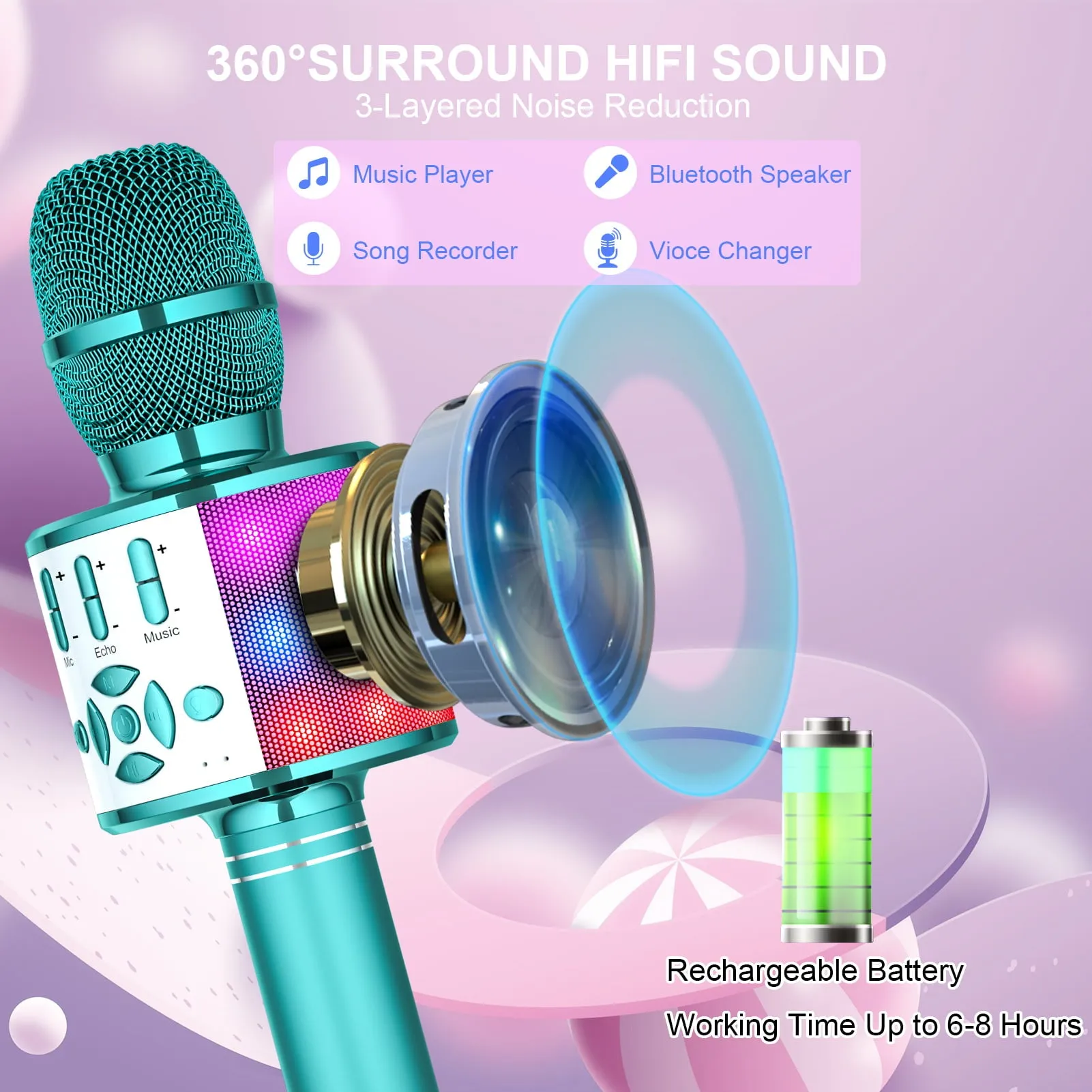 BONAOK Karaoke Microphone For Kids Adults, Wireless Bluetooth Microphone for Singing, Portable Karaoke Machine Handheld with LED Lights, Gift for Teens Girl Boys Adults Birthday Party(Rose Gold)