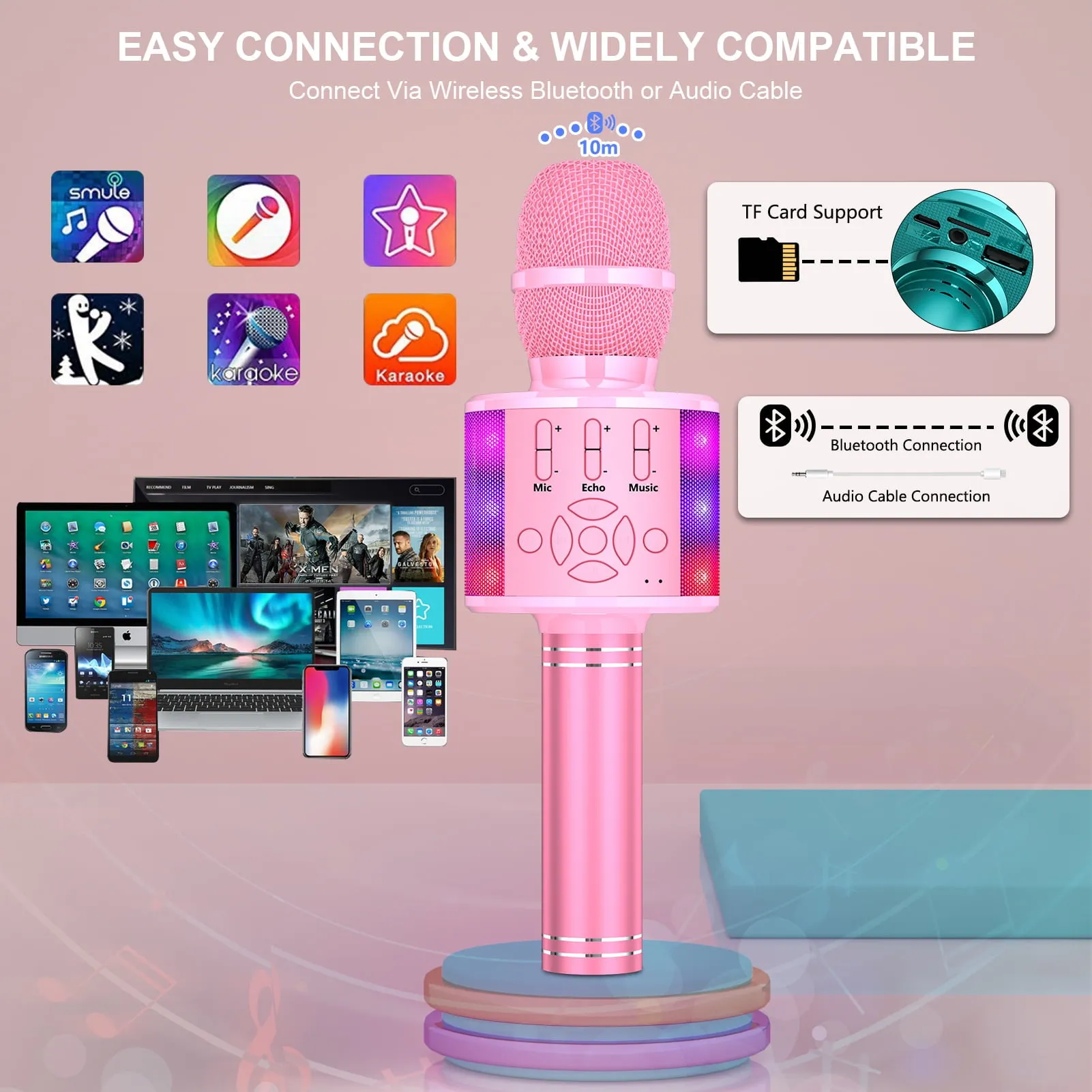 BONAOK Karaoke Microphone For Kids Adults, Wireless Bluetooth Microphone for Singing, Portable Karaoke Machine Handheld with LED Lights, Gift for Teens Girl Boys Adults Birthday Party(Rose Gold)