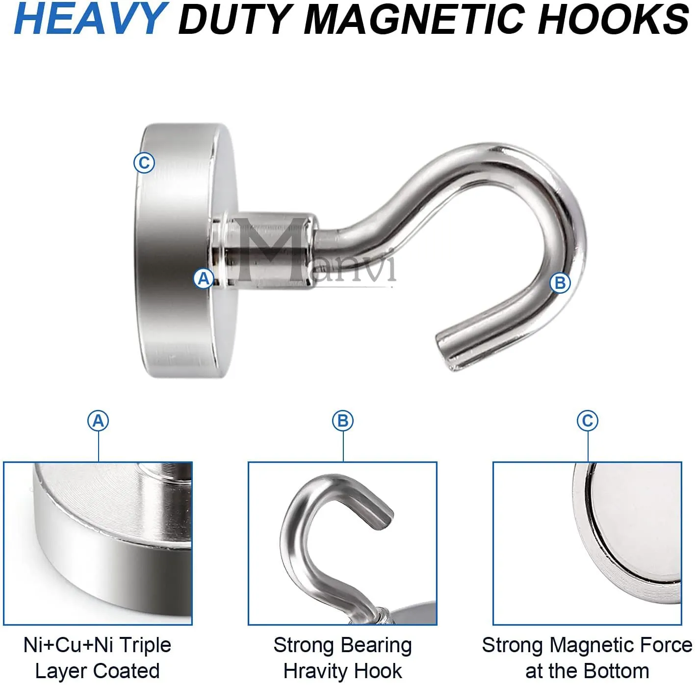 MANVI Magnetic Hooks, Heavy Duty Earth Magnets with Hook for Curtain, Garage, Cruise, Classroom, Grill, Workplace and Office (6)pcs