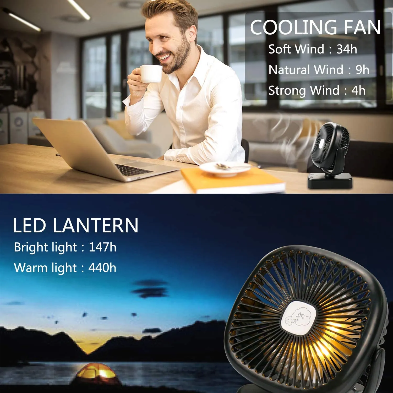 Portable Battery Camping Fan with LED Lantern Rechargeable Fan