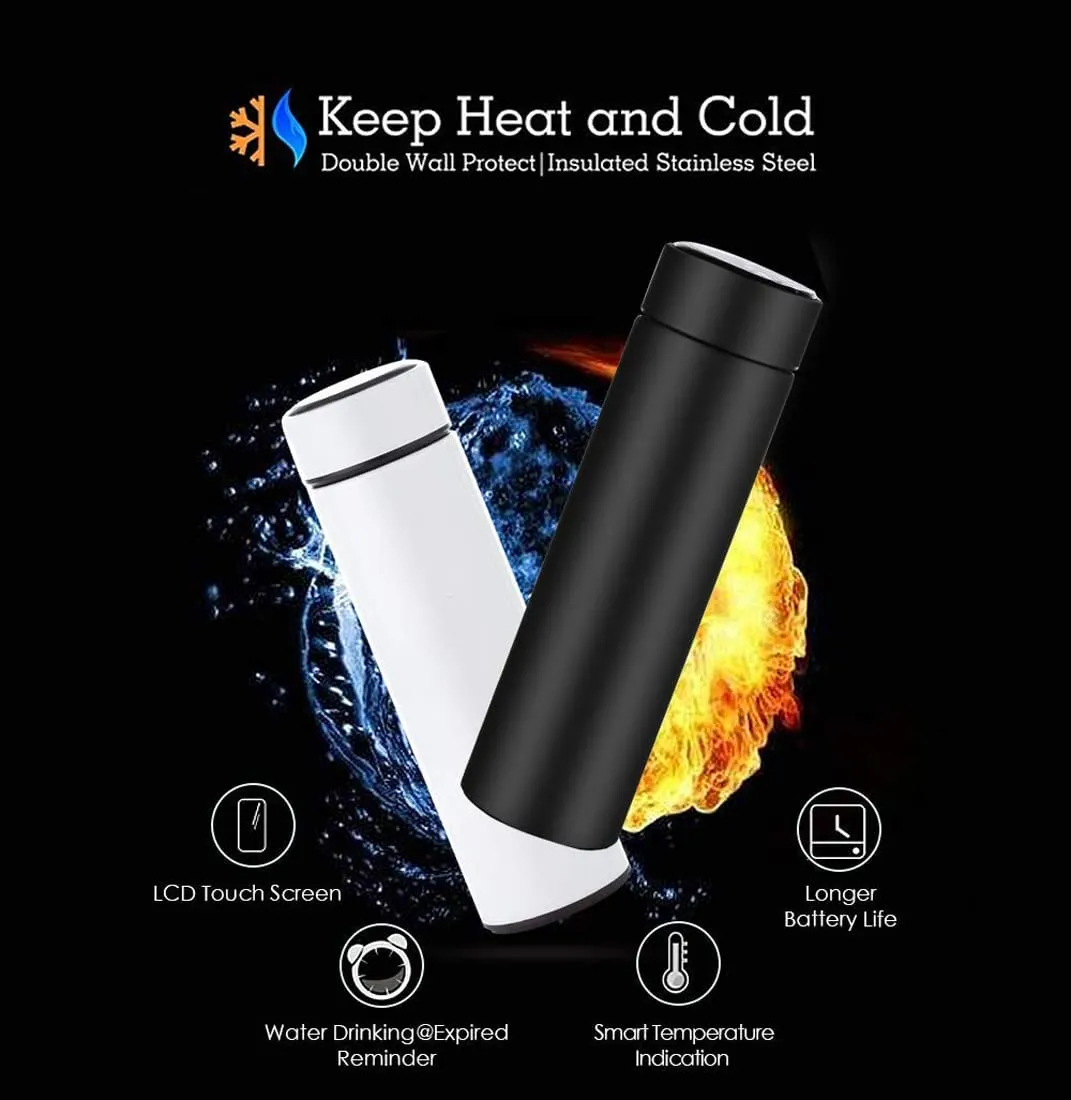 Rosaline Temperature Smart Vacuum Insulated Thermos Water Bottle with LED Temperature Display 304 Stainless Steel Perfect for Hot and Cold Drinks (Black, 500ml)