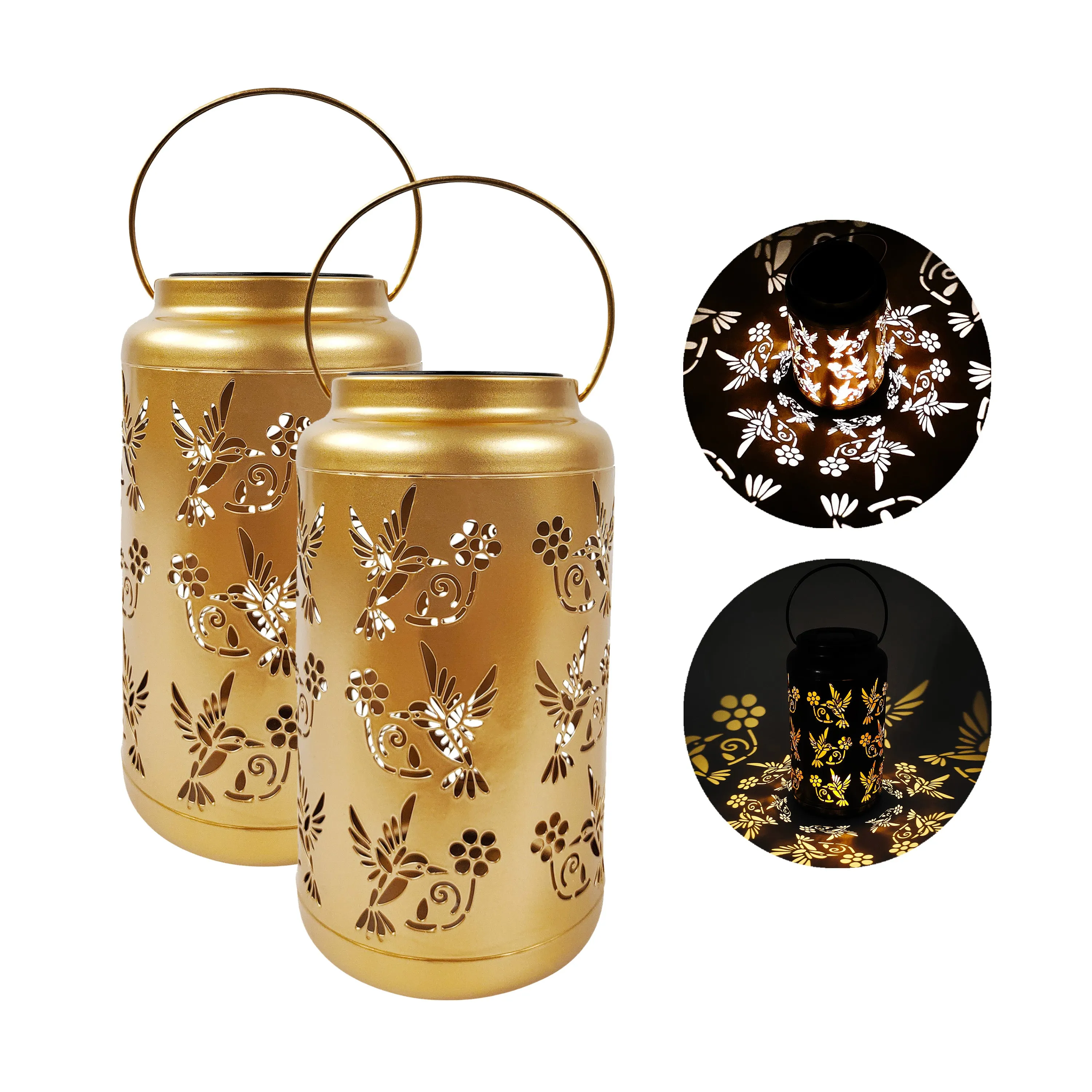 Set of 2 Solar LED Lanterns w/ Humming Bird Design & Hand Painted Finish | 9-in. Tall | Waterproof IP44