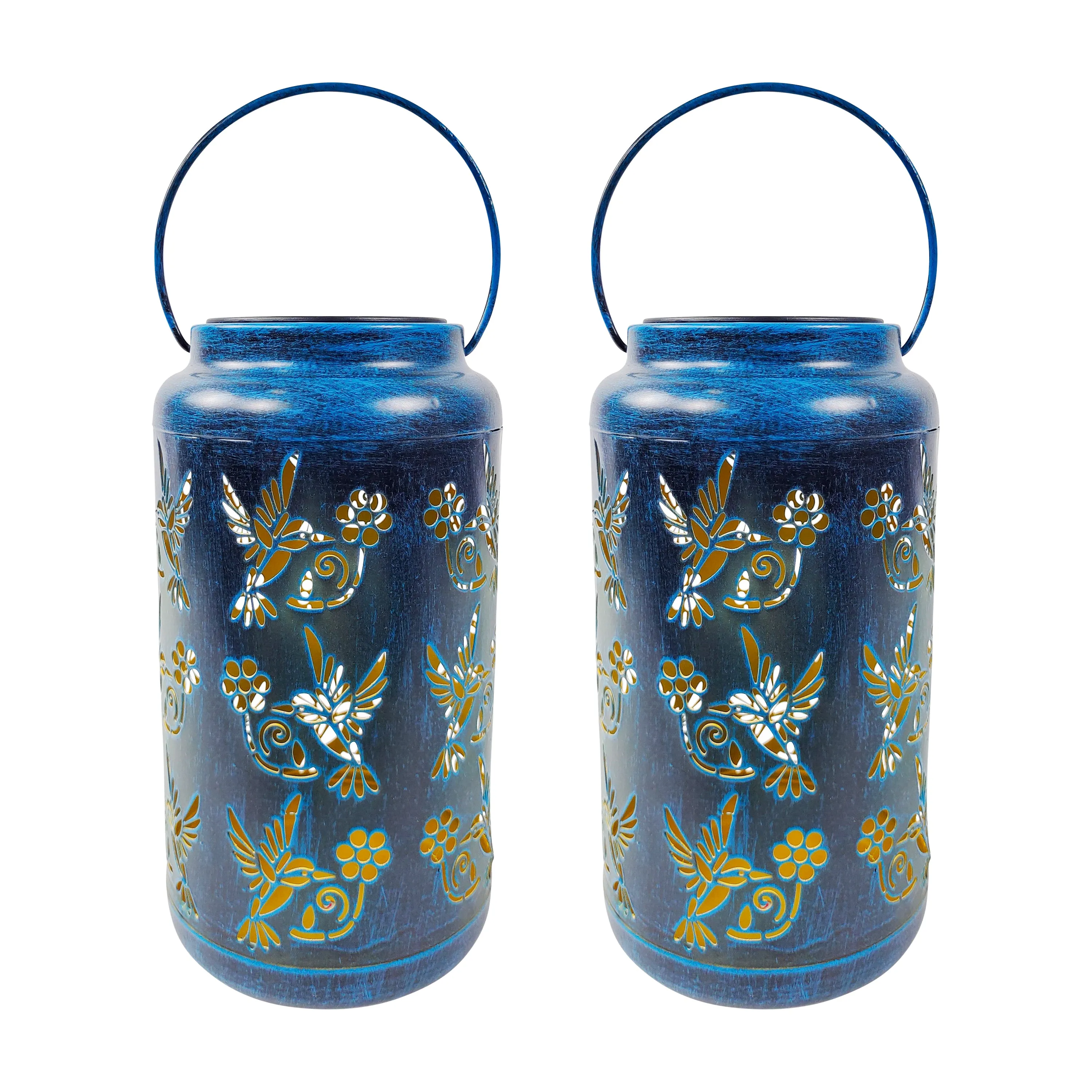 Set of 2 Solar LED Lanterns w/ Humming Bird Design & Hand Painted Finish | 9-in. Tall | Waterproof IP44