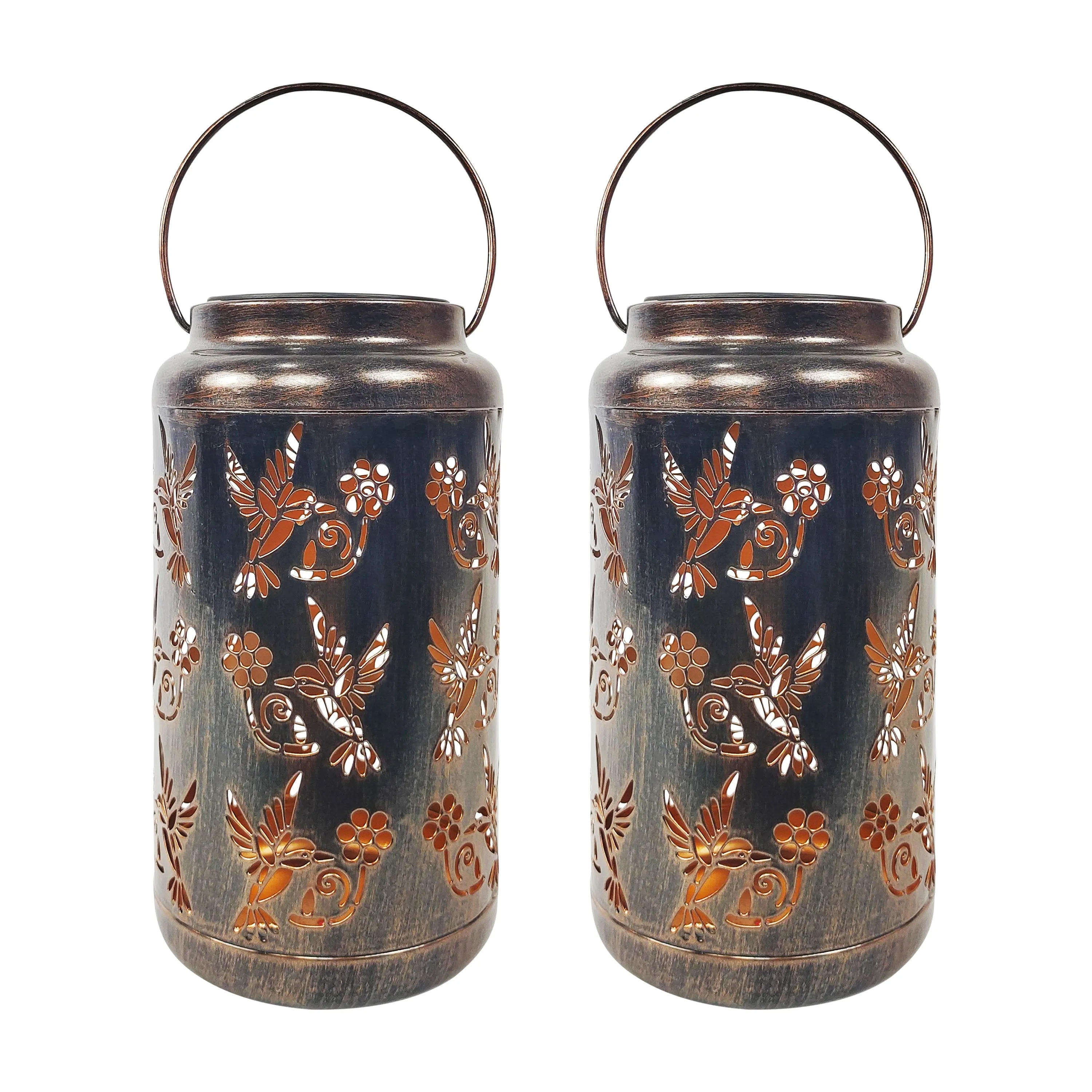 Set of 2 Solar LED Lanterns w/ Humming Bird Design & Hand Painted Finish | 9-in. Tall | Waterproof IP44