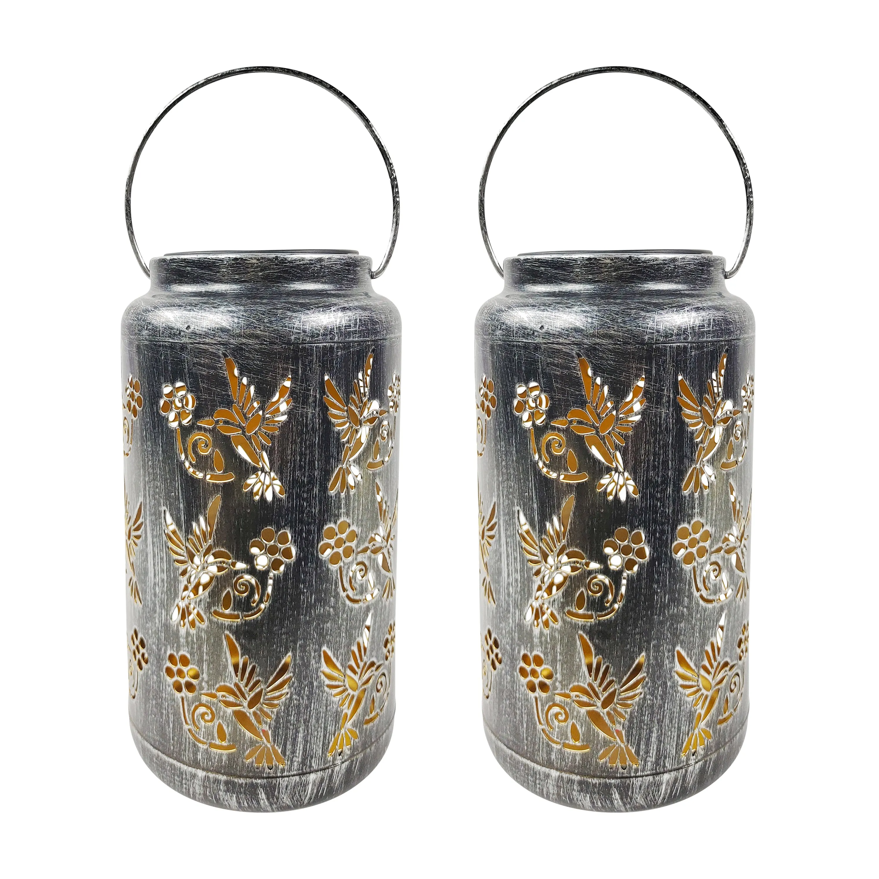 Set of 2 Solar LED Lanterns w/ Humming Bird Design & Hand Painted Finish | 9-in. Tall | Waterproof IP44