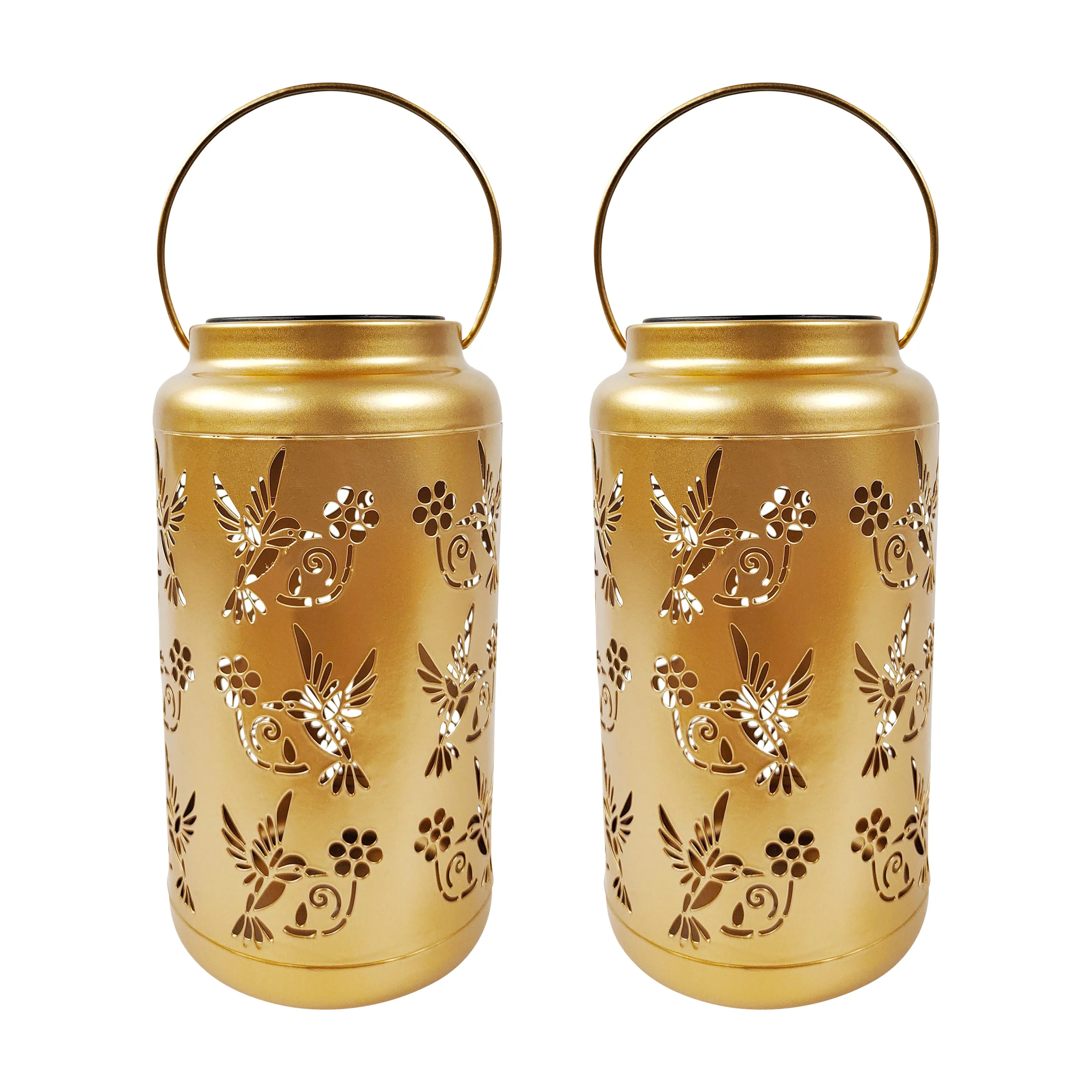 Set of 2 Solar LED Lanterns w/ Humming Bird Design & Hand Painted Finish | 9-in. Tall | Waterproof IP44