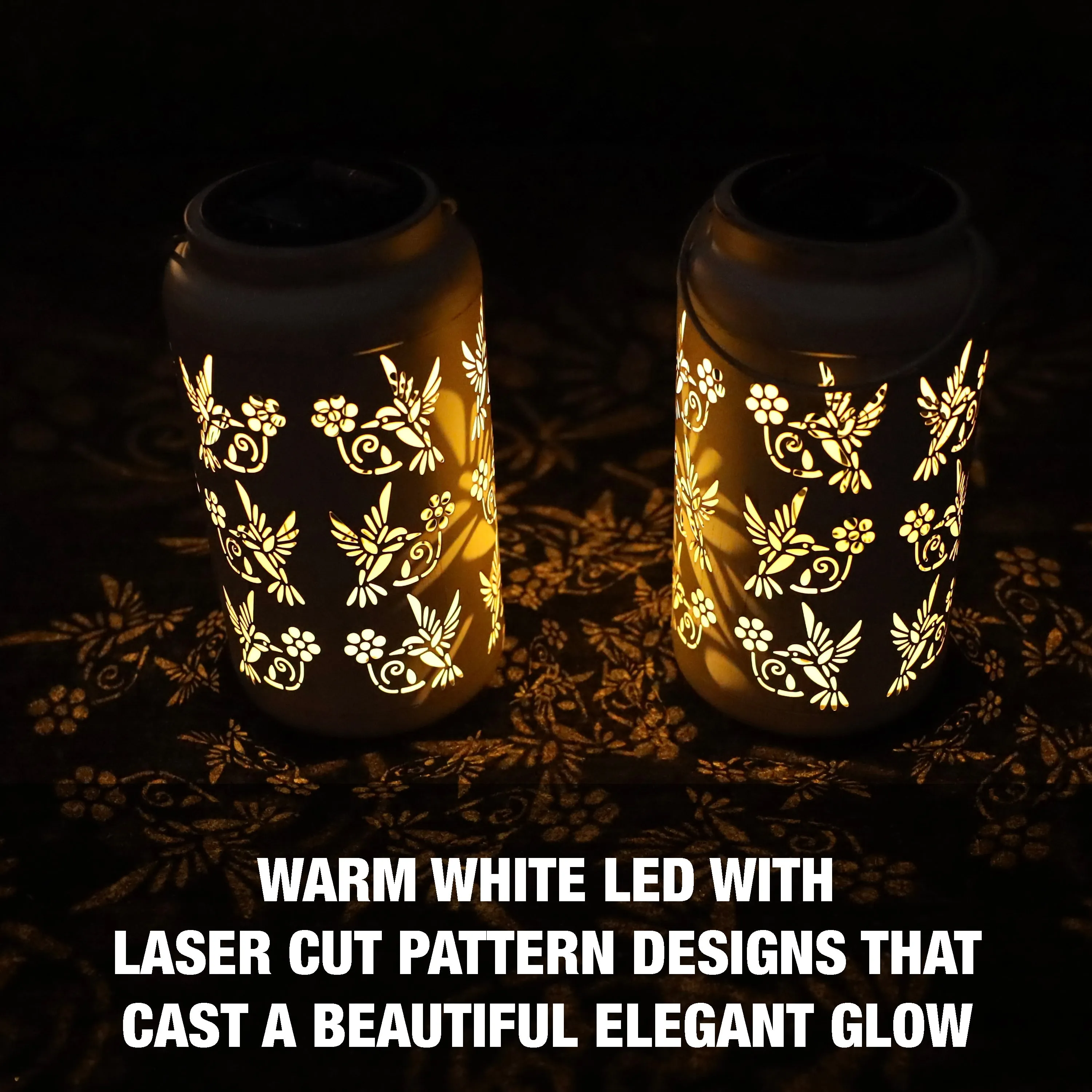 Set of 2 Solar LED Lanterns w/ Humming Bird Design & Hand Painted Finish | 9-in. Tall | Waterproof IP44