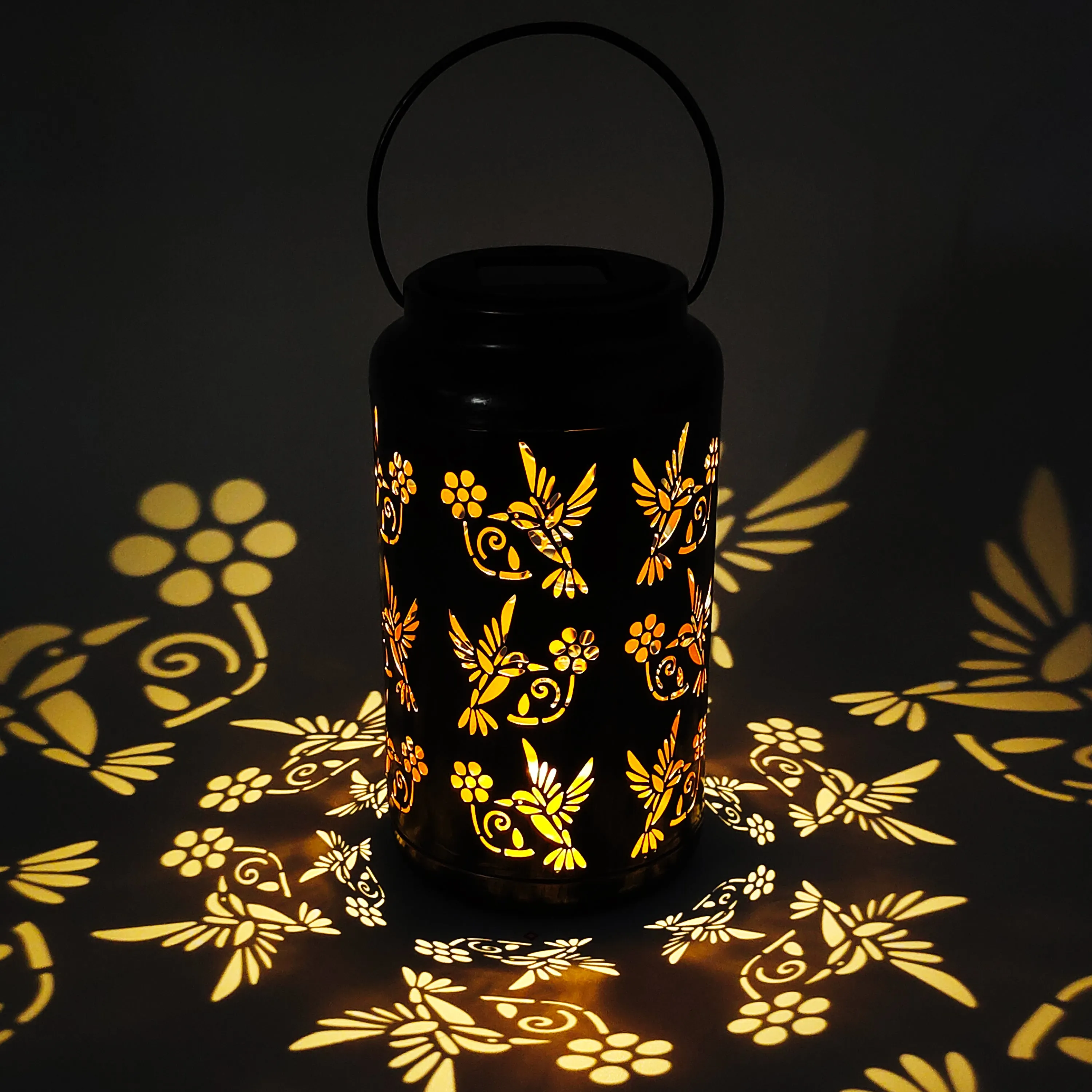 Set of 2 Solar LED Lanterns w/ Humming Bird Design & Hand Painted Finish | 9-in. Tall | Waterproof IP44