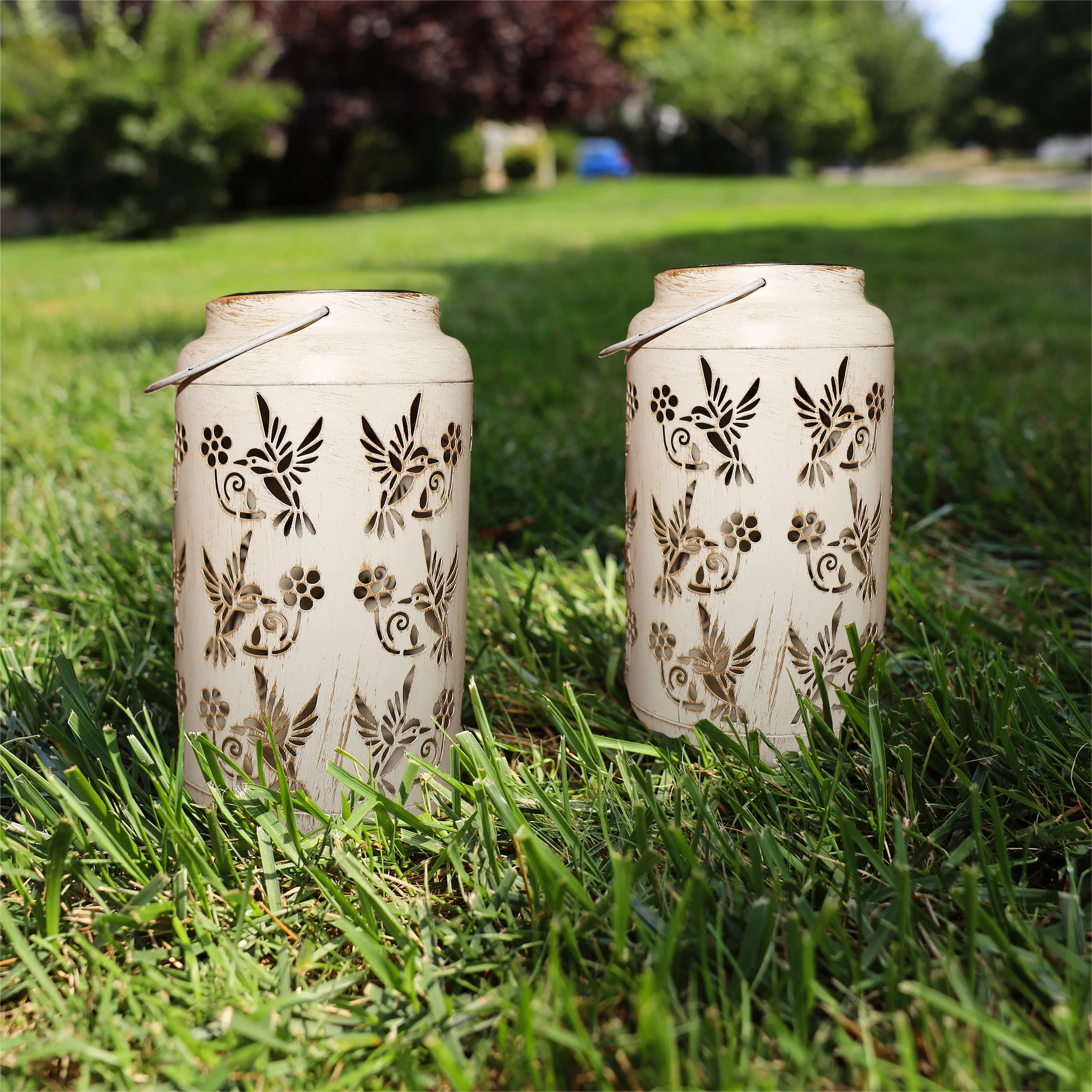 Set of 2 Solar LED Lanterns w/ Humming Bird Design & Hand Painted Finish | 9-in. Tall | Waterproof IP44