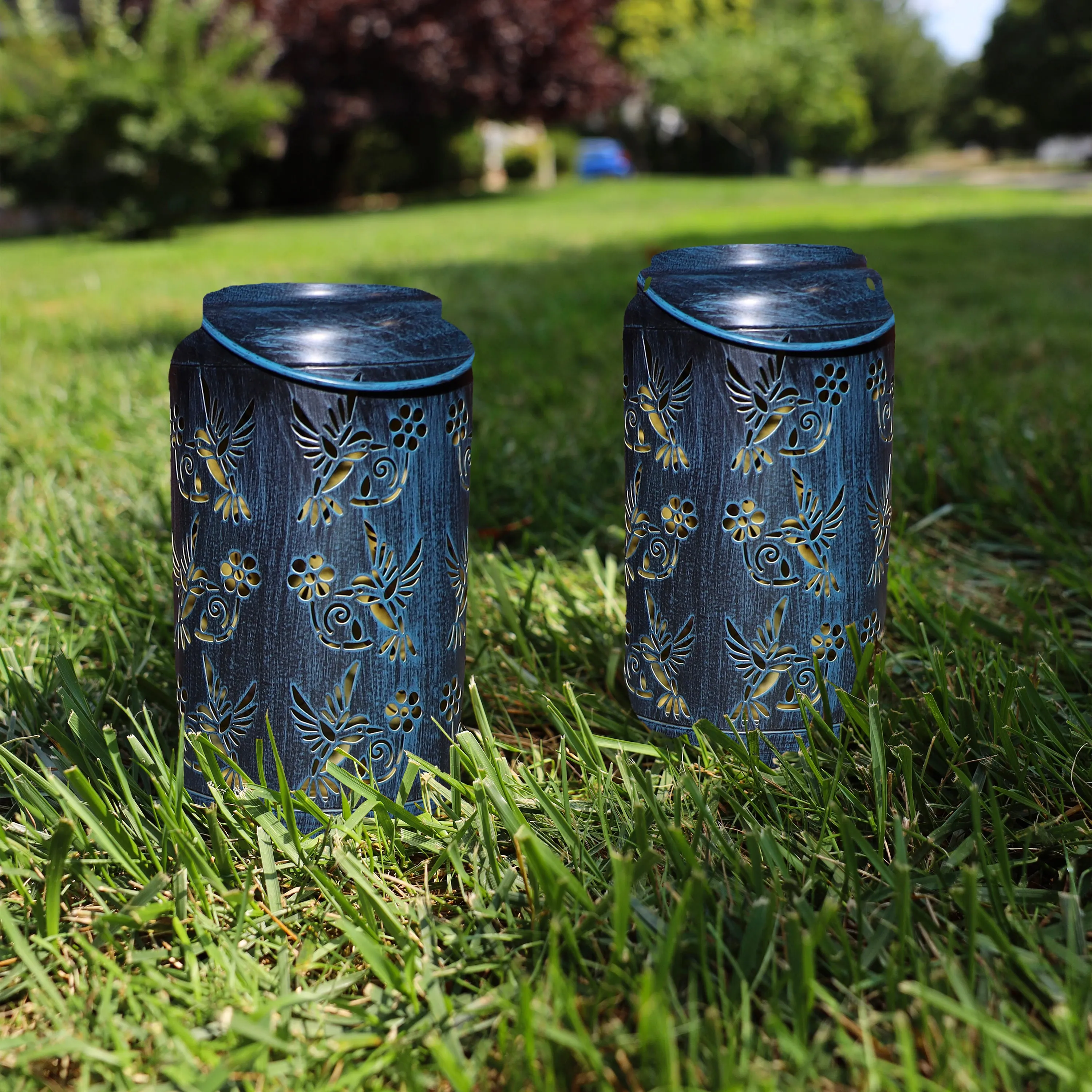 Set of 2 Solar LED Lanterns w/ Humming Bird Design & Hand Painted Finish | 9-in. Tall | Waterproof IP44