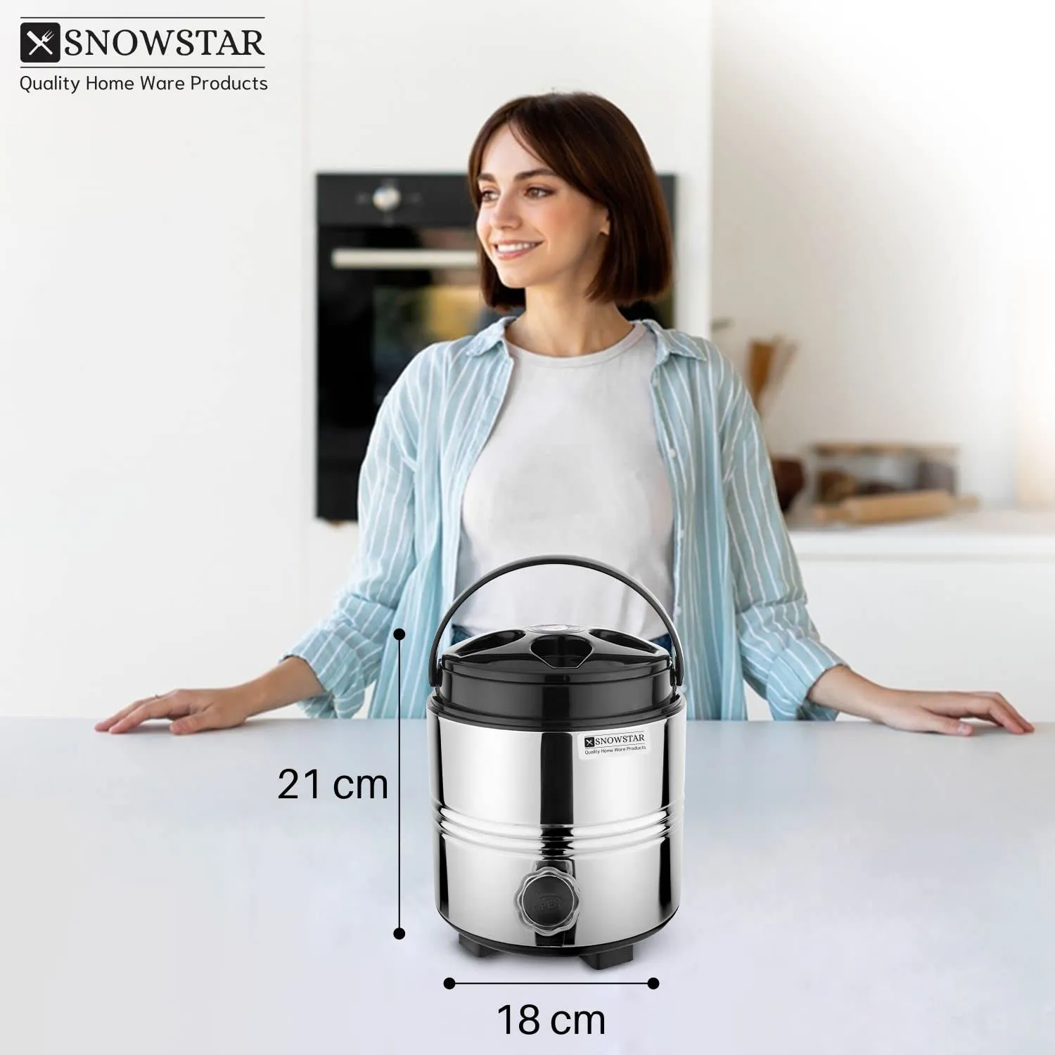 Snowstar Stainless Steel PUF Insulated Water Jug with Leak Proof Tap - 3 Liters, Silver - Double Walled Vaccum Thermos Water Bottled/Jug - Keeps Water/Tea hot and Cold Upto 4-5 Hours, Durable