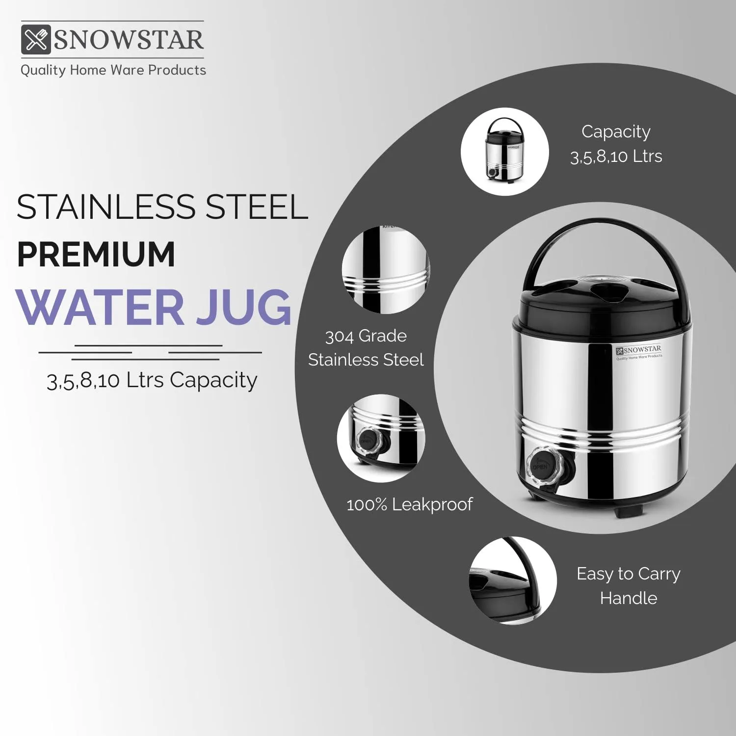 Snowstar Stainless Steel PUF Insulated Water Jug with Leak Proof Tap - 3 Liters, Silver - Double Walled Vaccum Thermos Water Bottled/Jug - Keeps Water/Tea hot and Cold Upto 4-5 Hours, Durable