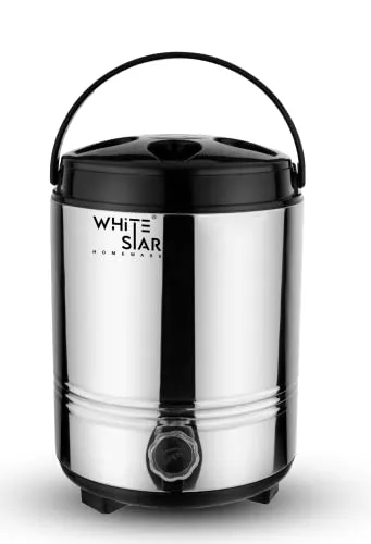 WHITESTAR Stainless Steel Hot and Cold Water Jug for Office, Home Kitchen, 8 Liter, Silver I PUF Insulated Water Dispenser with Leak Proof Tap I Highly Durable & Sturdy Base I Easy to Carry Handle