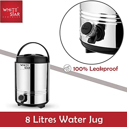 WHITESTAR Stainless Steel Hot and Cold Water Jug for Office, Home Kitchen, 8 Liter, Silver I PUF Insulated Water Dispenser with Leak Proof Tap I Highly Durable & Sturdy Base I Easy to Carry Handle