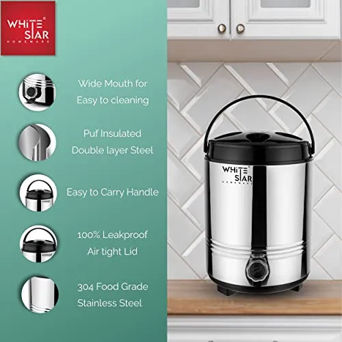 WHITESTAR Stainless Steel Hot and Cold Water Jug for Office, Home Kitchen, 8 Liter, Silver I PUF Insulated Water Dispenser with Leak Proof Tap I Highly Durable & Sturdy Base I Easy to Carry Handle