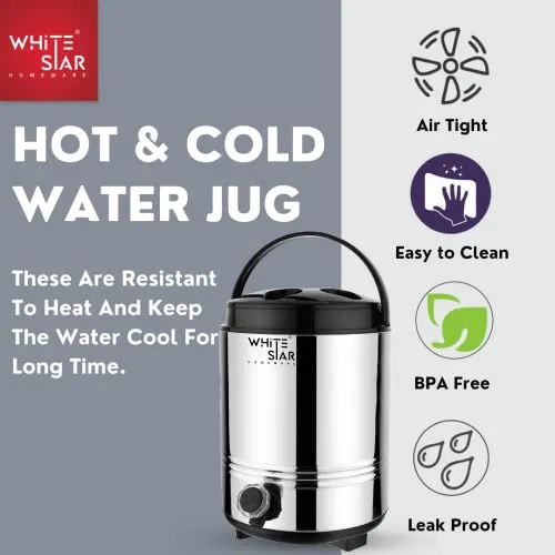 WHITESTAR Stainless Steel Hot and Cold Water Jug for Office, Home Kitchen, 8 Liter, Silver I PUF Insulated Water Dispenser with Leak Proof Tap I Highly Durable & Sturdy Base I Easy to Carry Handle