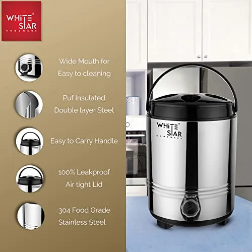 WHITESTAR Stainless Steel Hot and Cold Water Jug for Office, Home Kitchen, 8 Liter, Silver I PUF Insulated Water Dispenser with Leak Proof Tap I Highly Durable & Sturdy Base I Easy to Carry Handle